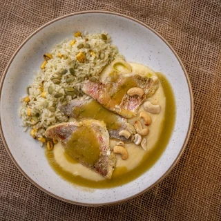 <p>Filé de peixe vermelho, com molho de umbu. Acompanha arroz crocante com semente de abóbora e milho assado, e aligot de mandioca com queijo coalho</p>